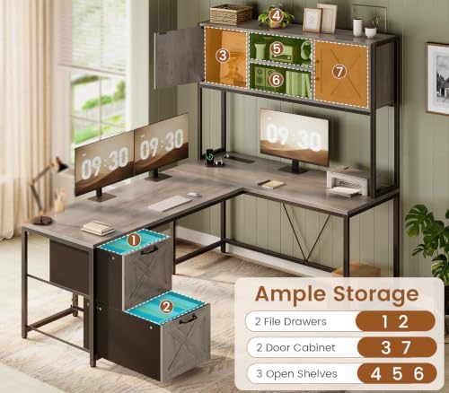 SEDETA Reversible Farmhouse L Shaped Gaming Desk with Drawers, Hutch