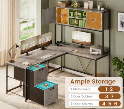 SEDETA Reversible Farmhouse L Shaped Gaming Desk with Drawers, Hutch