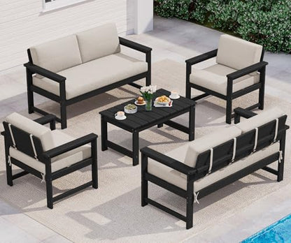 SERWALL 5 Pieces HDPE Outdoor Conversation Sofa Set with Cushion
