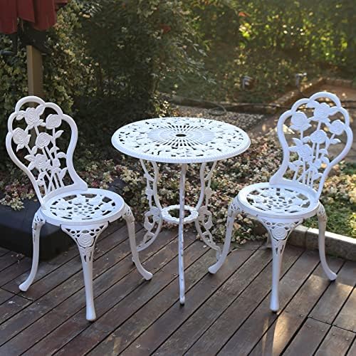 YKSY&YKSY Patio Bistro Set.Rust-Resistant Cast Aluminum Bistro Table Set with Umbrella Hole for Backyard (Rose White)