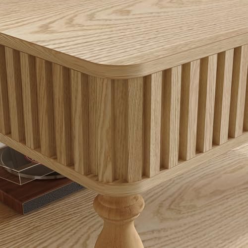 31.5" Square Lift Top Coffee Table with Storage Modern Fluted Coffee Tables with Lifting Top, Farmhouse Solid Wood Center Table with Table Legs for Living Room, Apartment or Office (Natural)