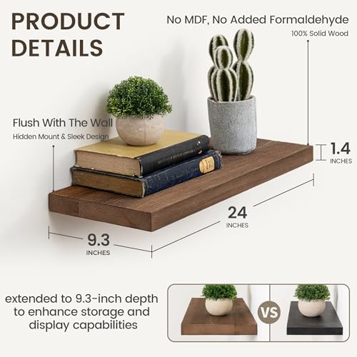 Marsmiles Dark Wood Floating Shelves, 24'' Long, 9.3'' Deep, Set of 2