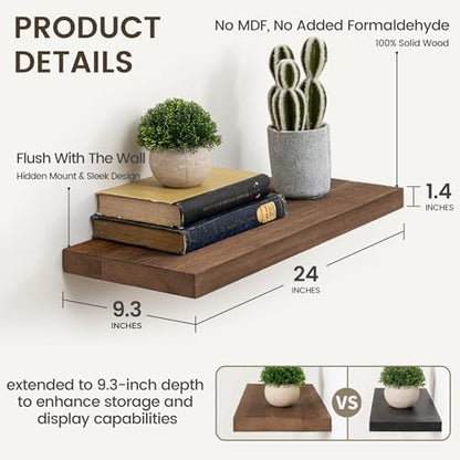 Marsmiles Dark Wood Floating Shelves, 24'' Long, 9.3'' Deep, Set of 2