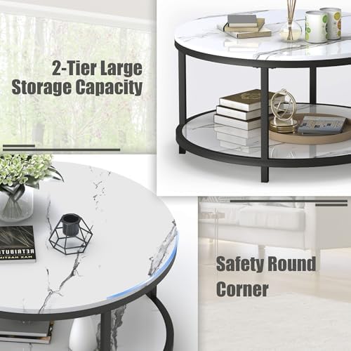 WiberWi Round Coffee Table 33.5" Coffee Tables for Living Room High Glossy Faux White Marble Top Modern Circle Table Sturdy Metal Frame Legs Cocktail Table with Storage Open Shelf
