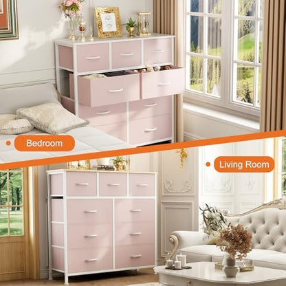 Sweetcrispy 9 Drawer Fabric Dresser Storage Tower Drawer Organizer, Pink