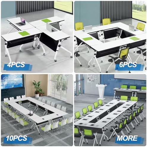 Folding Conference Table, Conference Room Tables with Wheels Foldable Large Rectangle Meeting Seminar Table for 6-12 People, Flip Top Mobile Training Table for Office Classr (2, White+Gray, 55.1in)