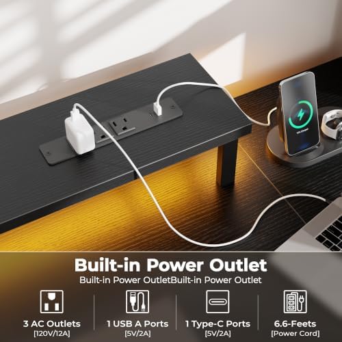 Korfile 54" Computer Desk with Power Outlets, LED, Side Hooks, CPU Stand