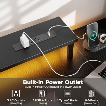 Korfile 54" Computer Desk with Power Outlets, LED, Side Hooks, CPU Stand