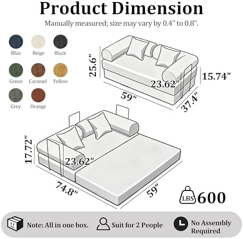 59'' Convertible Compressed Corduroy Folding Sofa Bed, Modern Boneless Pull Out Loveseat Sleeper in a Box, 4 in 1 Floor Mattress Futon Cloud Couch for Home, No Assembly Needed, Grey, 2 Pillows, Queen
