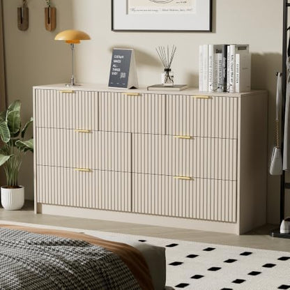 Beige 7 Drawer Dresser for Bedroom, 55.1" Wide Fluted Wood Dresser