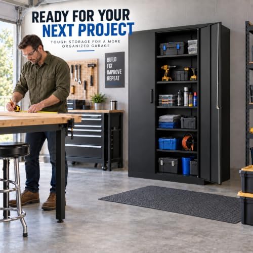 BYNSOE 72" Metal Garage Storage Cabinet with Locking Doors, 5 Adjustable Shelves and Leveling Feet, Steel Cabinet for Garage, Workshop and Home Office, Black
