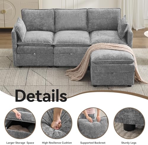 80" LIGHT GREY Chenille Storage 3 Seater Sofa with Ottoman, Comfy Couch