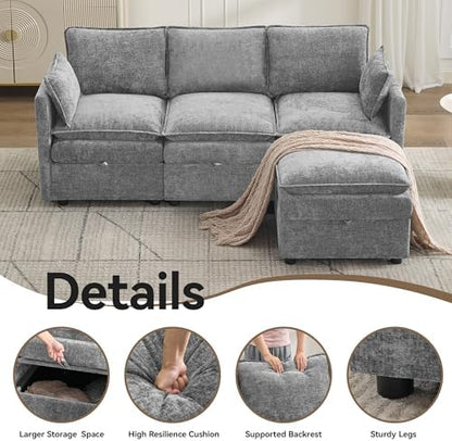 80" LIGHT GREY Chenille Storage 3 Seater Sofa with Ottoman, Comfy Couch