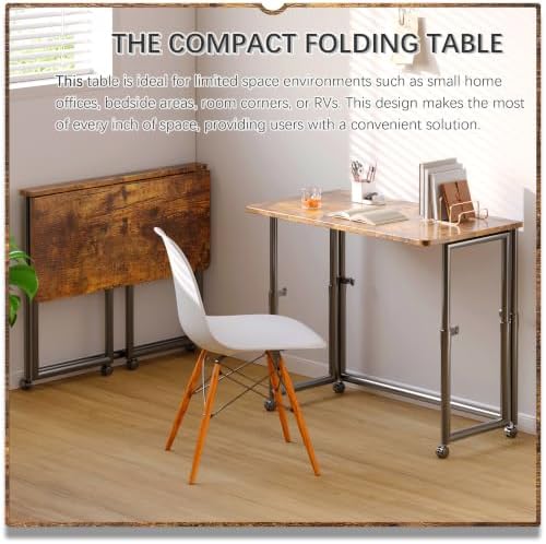 4NM No Assembly 31.5" Small Desk, Folding Portable Desk with Wheels, Adjustable Height Foldable Computer Desks, Collapsible Study Writing Table for Space Saving