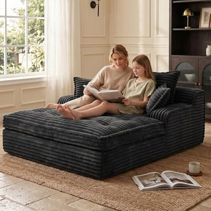 Boneless Chaise Lounge Couch Indoor, Oversized Corduroy Upholstered Sofa Bed Reading Chairs with 3 Pillows, Comfy Cloud Sofas Couches, Deep Seat Sleeper Couch for Bedroom Living Room