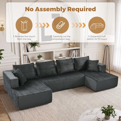 132" Boneless Couches for Living Room, U Shaped Modular Sectional Corduroy Comfy Cloud Memory Foam Deep Seat Boneless Sofa, No Assembly Required Couch for Living Room with Double Chaise, Gray