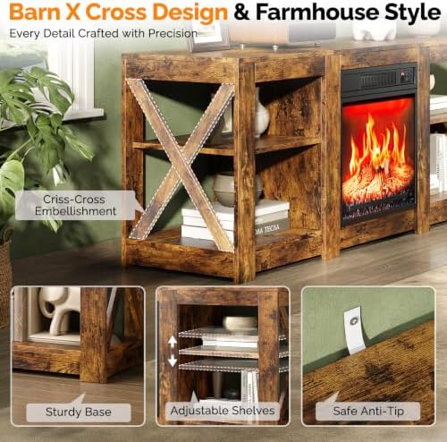 VINGLI Fireplace TV Stand for up to 70 inch TVs, Farmhouse Entertainment Center with Electric Fireplace Heater & Adjustable Shelves, Fireplace Media Console Table for Living Room, Rustic Brown