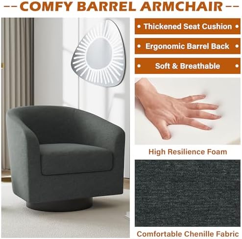 Swivel Accent Chair, Chenille Barrel Club Chair, Gray