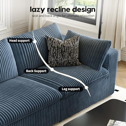 118" Cloud Couch Modular Sectional Sofa for Living Room,Modern Sofa with Deep Seat，U-Shape Boneless Couch with 2 Ottoman,Comfy Upholstered Corduroy Couches for Apartment, Studio, Office,Bedroom，Blue