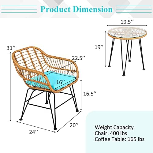 Tangkula 3 Pieces Patio Bistro Set, Rattan Conversation Set with 2 Cushioned Armchairs & Round Glass Coffee Table, Indoor Outdoor Wicker Furniture Set for Balcony, Backyard, Garden, Poolside
