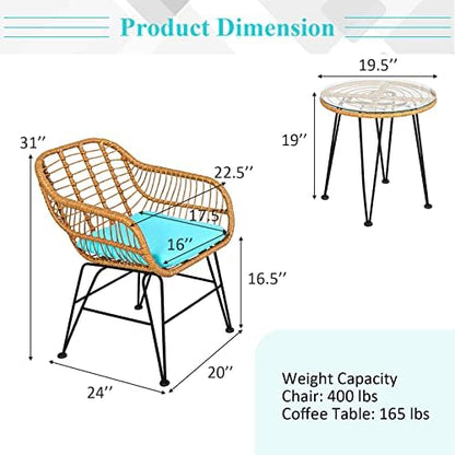 Tangkula 3 Pieces Patio Bistro Set, Rattan Conversation Set with 2 Cushioned Armchairs & Round Glass Coffee Table, Indoor Outdoor Wicker Furniture Set for Balcony, Backyard, Garden, Poolside