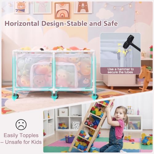 Toy Box for Girls Boys with See-Through Mesh & 360° Rotating Wheels