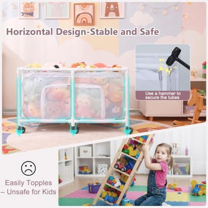 Toy Box for Girls Boys with See-Through Mesh & 360° Rotating Wheels