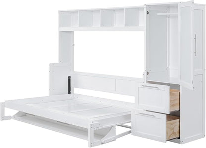 Virubi Full Horizontal Murphy Bed with Wardrobe Closet,2 Drawer,4 Storage Open Shelves,Wood Folding Murphy Wall Bed Cabinet, Slat Suuport (White,Full)