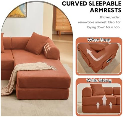 107" Modular Sectional Sofa Bed, L-Shape Corduroy Boneless Couch, Orange