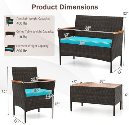 Tangkula 4 Pieces Patio Wicker Sofa Set, 2 Rattan Chairs & Loveseat w/Coffee Table, Acacia Wood Armrests & Tabletop, Outdoor Cushioned Conversation Set for Backyard, Poolside (Turquoise, 4 Pieces)
