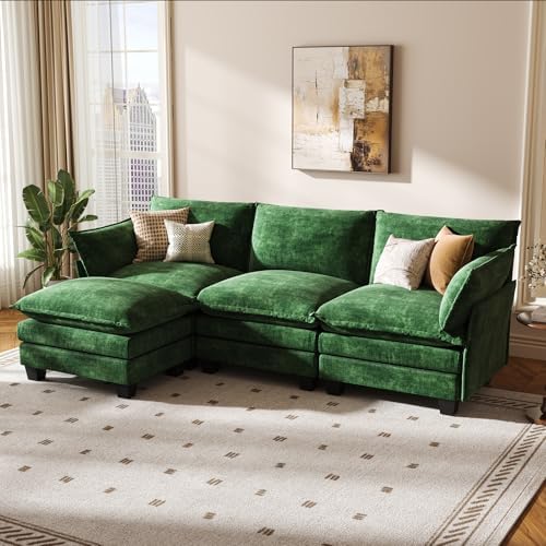 KKL 91.3" Modular Sectional Sofa, L-Shaped 4 Seater Cloud Couch with Ottoman, Chenille Modern Sectional Couches for Living Room, Apartment, Green