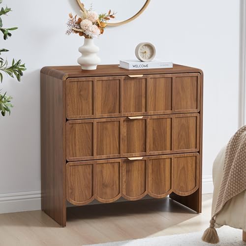 3 Drawer Dresser for Bedroom, Modern Chest of Scalloped Drawer, Walnut