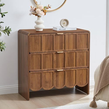 3 Drawer Dresser for Bedroom, Modern Chest of Scalloped Drawer, Walnut