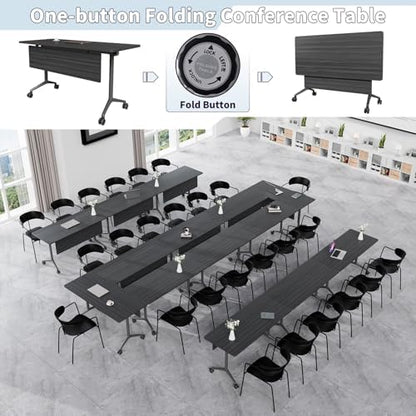 Folding Conference Table, Conference Room Tables with Wheels Foldable Large Rectangle Meeting Seminar Table for 6-12 People, Flip Top Mobile Training Table for Office Classr (4, Black, 61in)