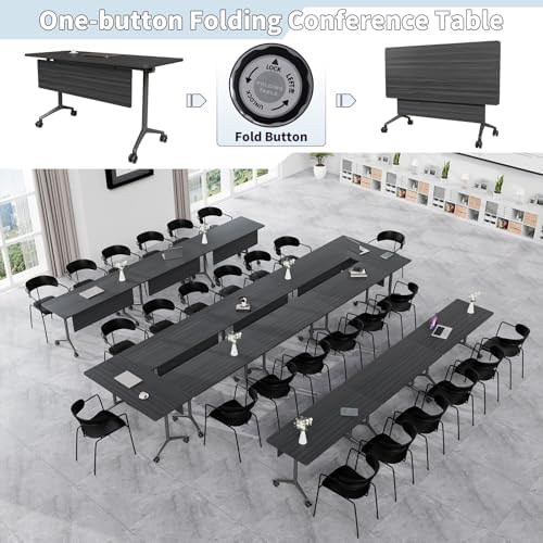 Folding Conference Table, Conference Room Tables with Wheels Foldable Large Rectangle Meeting Seminar Table for 6-12 People, Flip Top Mobile Training Table for Office Classr (6, Black, 55.1in)