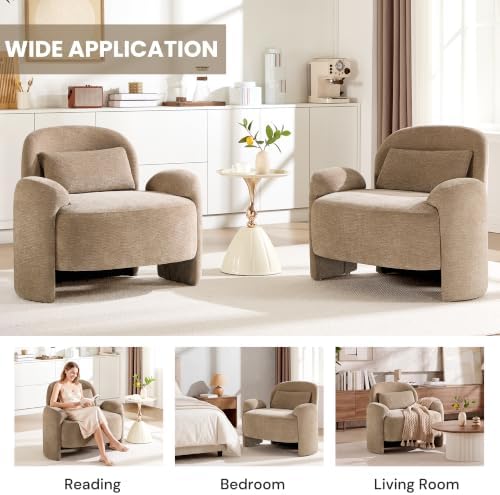Accent Chair for Living Room, Modern Chenille Fabric Lounge Reading Sofa Chair with Lumbar Pillow, Upholstered Arm Chairs for Bedroom, Office, Brown