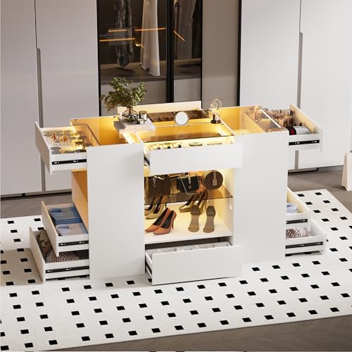 Kikihouse Modern Closet Island with 10 Drawers with LED (White+Amber Glass)