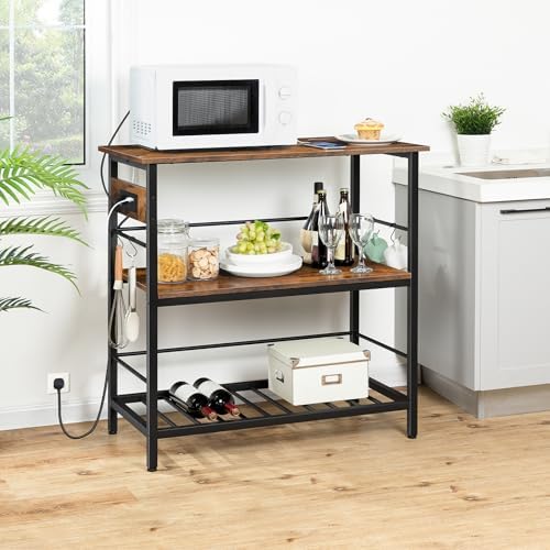 HOOBRO Kitchen Island with Storage, Kitchen Island Table with Power Outlet, 35.4" L 3 Tier Coffee Station and Microwave Stand, for Home, Dining Room, Rustic Brown and Black BF021ZD01