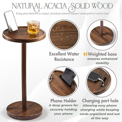BLUEWEST Small Round Side Table, Drink Table with Phone Slot, 24.4" Walnut