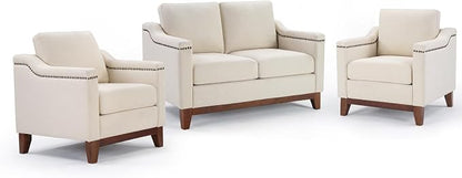 HAOMARKETS 3 Piece Fabric Sofa Set with Nailhead Trim, Included Fabric Accent Chair Set of 2 with Thicked Cushion, Upholstered Loveseat with Solid Wood Legs, Living Room Furniture Set,Beige