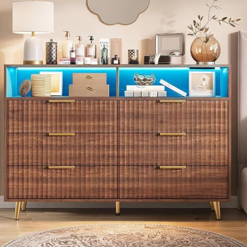 47.2 W 6 Drawer Dresser for Bedroom with LED and Charging Station, Walnut
