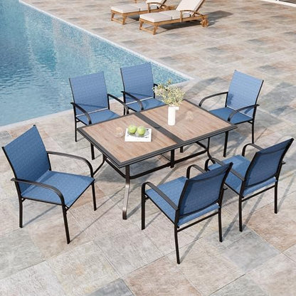 MIXPATIO 7pc Patio Dining Set, 60" Metal Table(PVC Top), 6 Blue Chairs