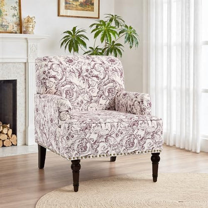 Rococo Accent Chairs Set of 2, Fabric Upholstered Armchair, Plum