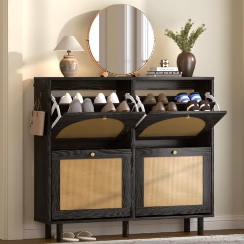 Narrow Rattan Shoe Storage Cabinet for Entryway with 4 Flip Drawers, 39.4" Wide Slim Freestanding Arched Woven Wood Hidden Shoe Organizer Cabinet for Hallway Foyer, (4 Flip Drawers, Black)