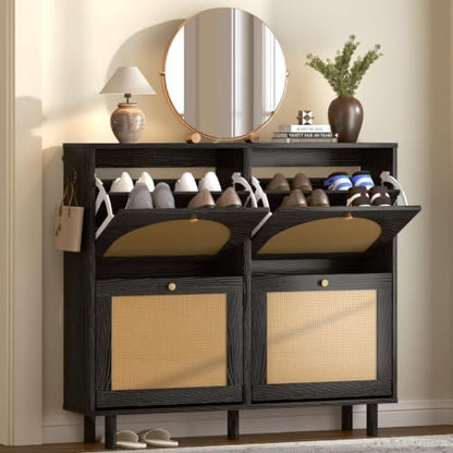 Narrow Rattan Shoe Storage Cabinet for Entryway with 4 Flip Drawers, 39.4" Wide Slim Freestanding Arched Woven Wood Hidden Shoe Organizer Cabinet for Hallway Foyer, (4 Flip Drawers, Black)