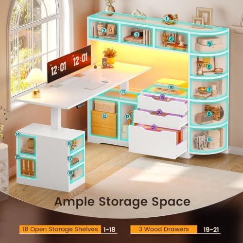 SEDETA 59" L Shaped Standing Desk with 3 Drawers Storage and Bookshelves