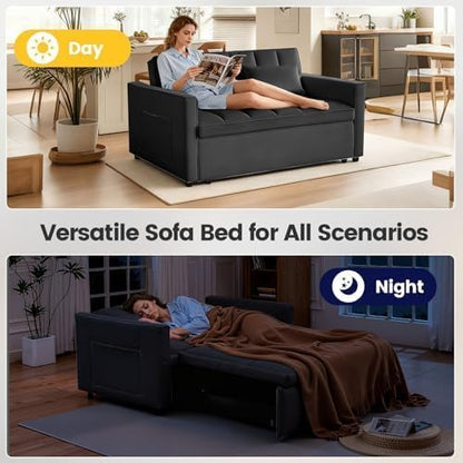 54'' Sleeper Sofa Bed, Convertible Pull Out Couch Futon with Side Pockets, Velvet Loveseat Sofa Bed with Adjustable Backrest, Armrest Pillows for Living Room Dorm Apartment, Black