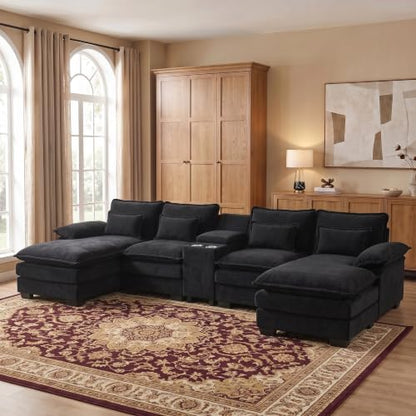 ONEMMLION 133" U Shaped Sectional Cloud Couch with USB & Cup Holder,Black