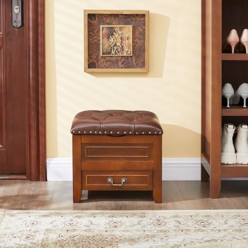 Ottoman with Storage Entryway Shoe Bench, Solid Rubberwood Footstool