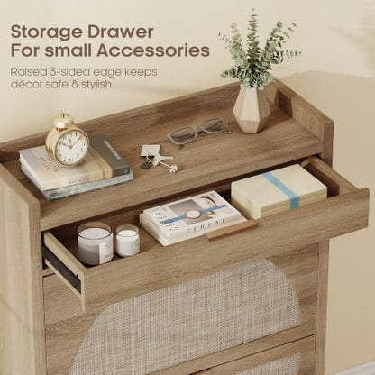 Quikraen Rattan Shoe Cabinet with 3 Drawers (2 Flip + 1 Slide), 31.5" Wide Wooden Shoe Storage Organizer for Entryway, Farmhouse Boho Tall Shoe Rack Cabinet with Anti-Tip Safety, Brown